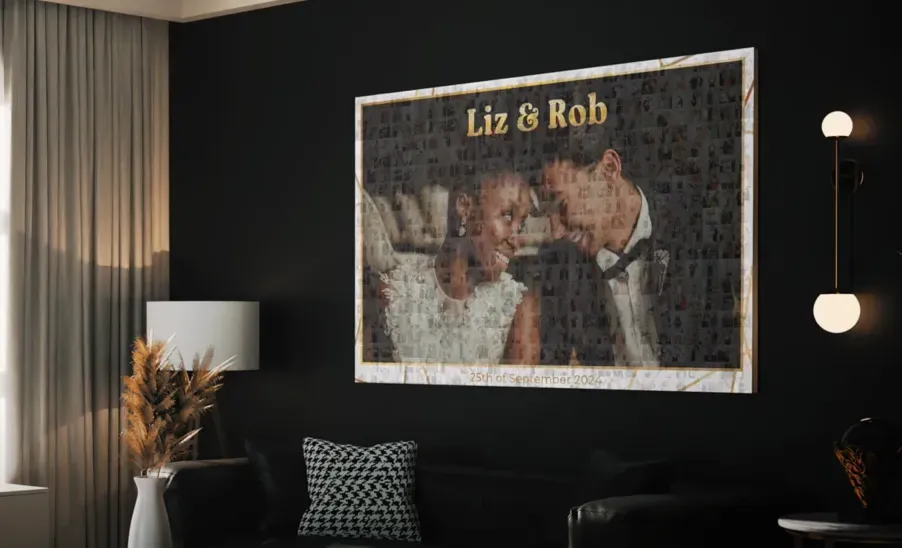 Guests posing in front of a photo mosaic wall