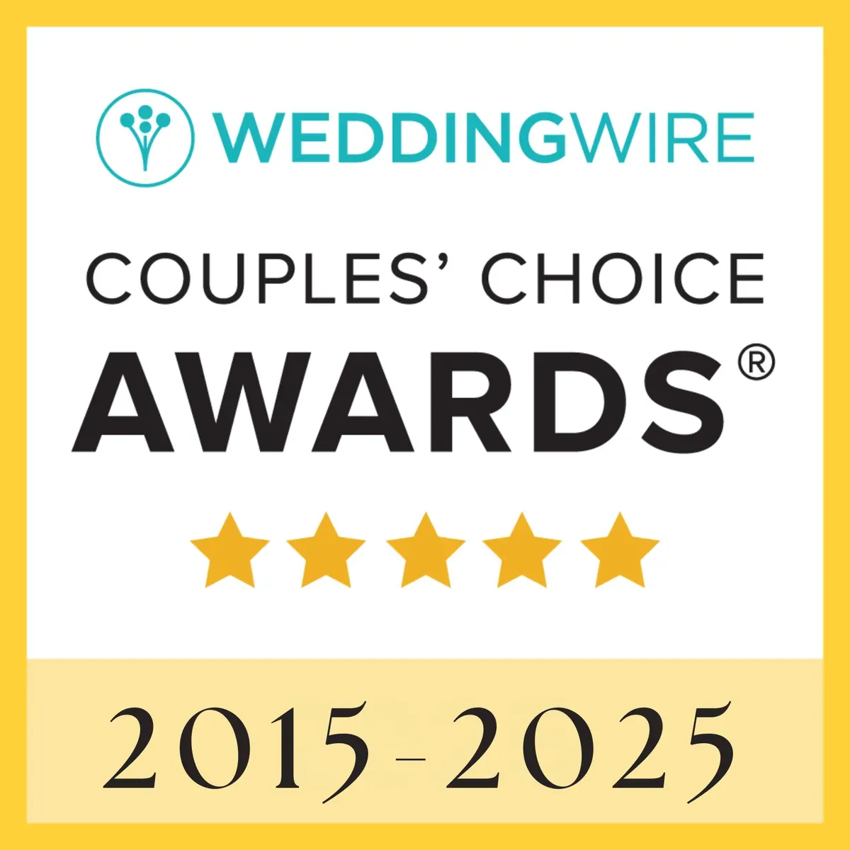WeddingWire Couples’ Choice Awards badge, 2015 to 2025